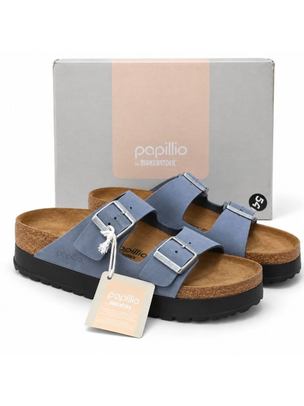Birkenstock Papillio Arizona Flex Platform Stone Blue Nubuck Leather EU 38 US 7